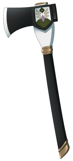 Lumber Axe, eyet metal handle and axehead, white xeocin metal bevel.  Lumberjack coat of arms embedded in the flat of the axe head.