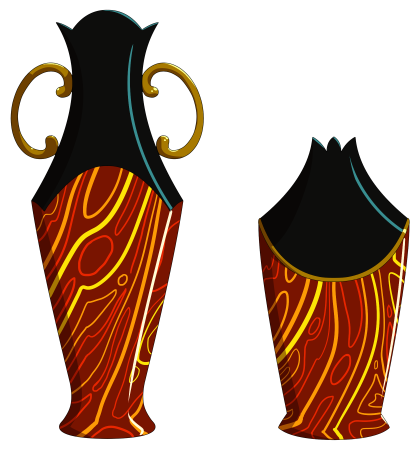 Vel vases, made of obsidian and Tenaistos carnelian with gold accents as handles on the taller one and trim on the other.  They have tapered bases and tops, a wider center, with carnelian for the bottom half and obsidian for the top half.