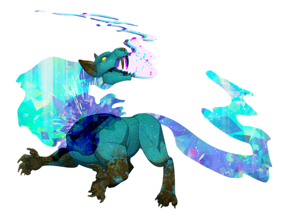 Bhelpowe, a rock cat, with a floating head surrounded by gem-like mist, its tail the same kind of shimmery mist.